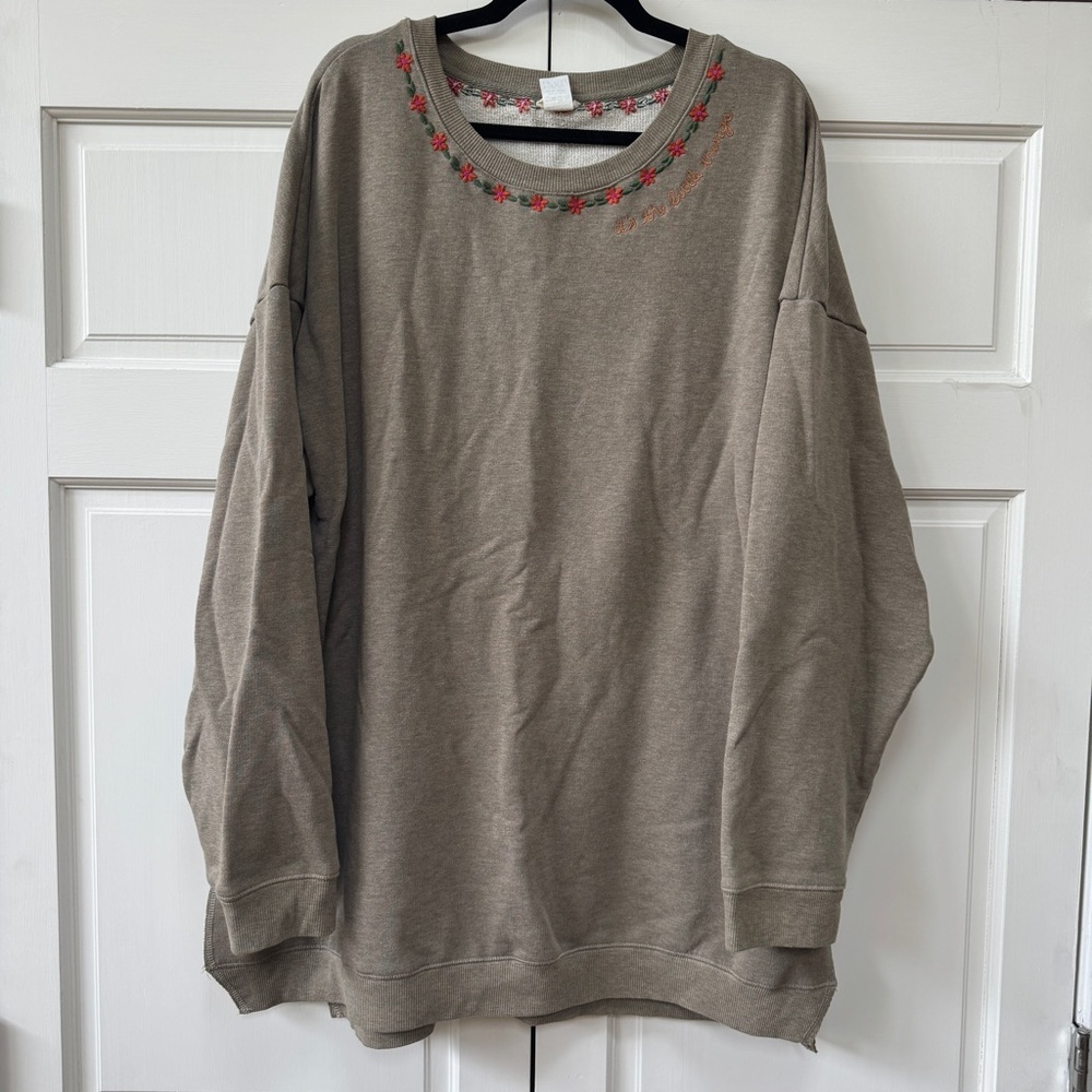 Women’s Natural Life  Taupe Crewneck Sweater with Embroidered Neckline